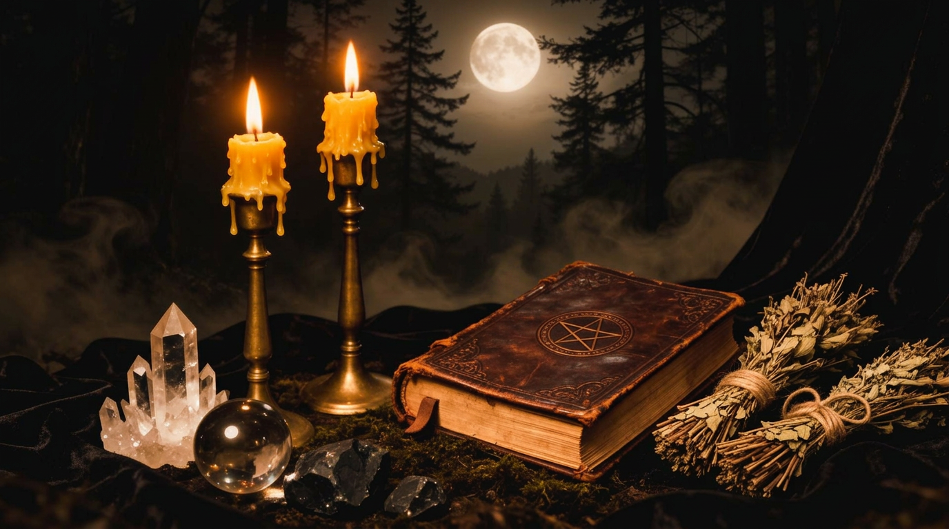 Mystical altar with candles, crystals, and a grimoire under a moonlit forest
